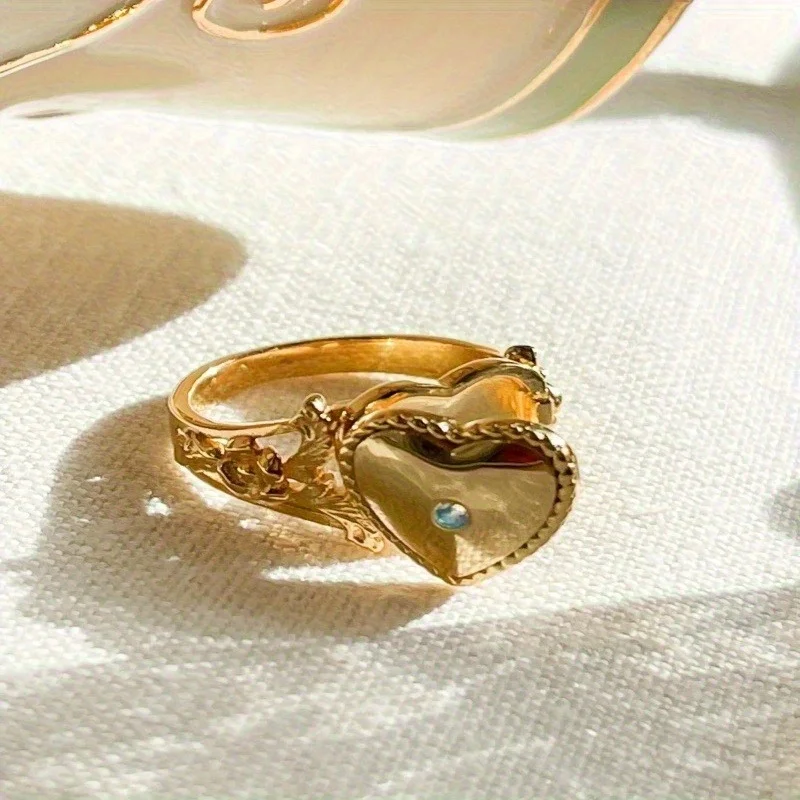Fashion Gold Color Carving Pattern Ring Secret Compartment Open Lid Love Women's Personalized Daily Party Jewelry Accessories