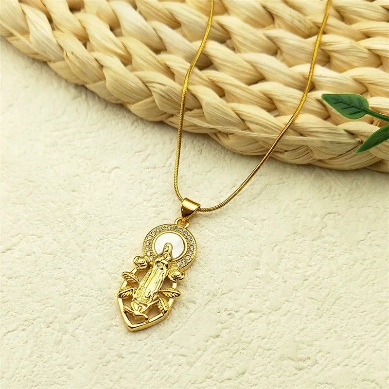 

Zircon Virgin Mary Shell Pendant Necklace For Women Men Stainless Steel Gold Color Flower Our Lady Christian Amulet Jewelry