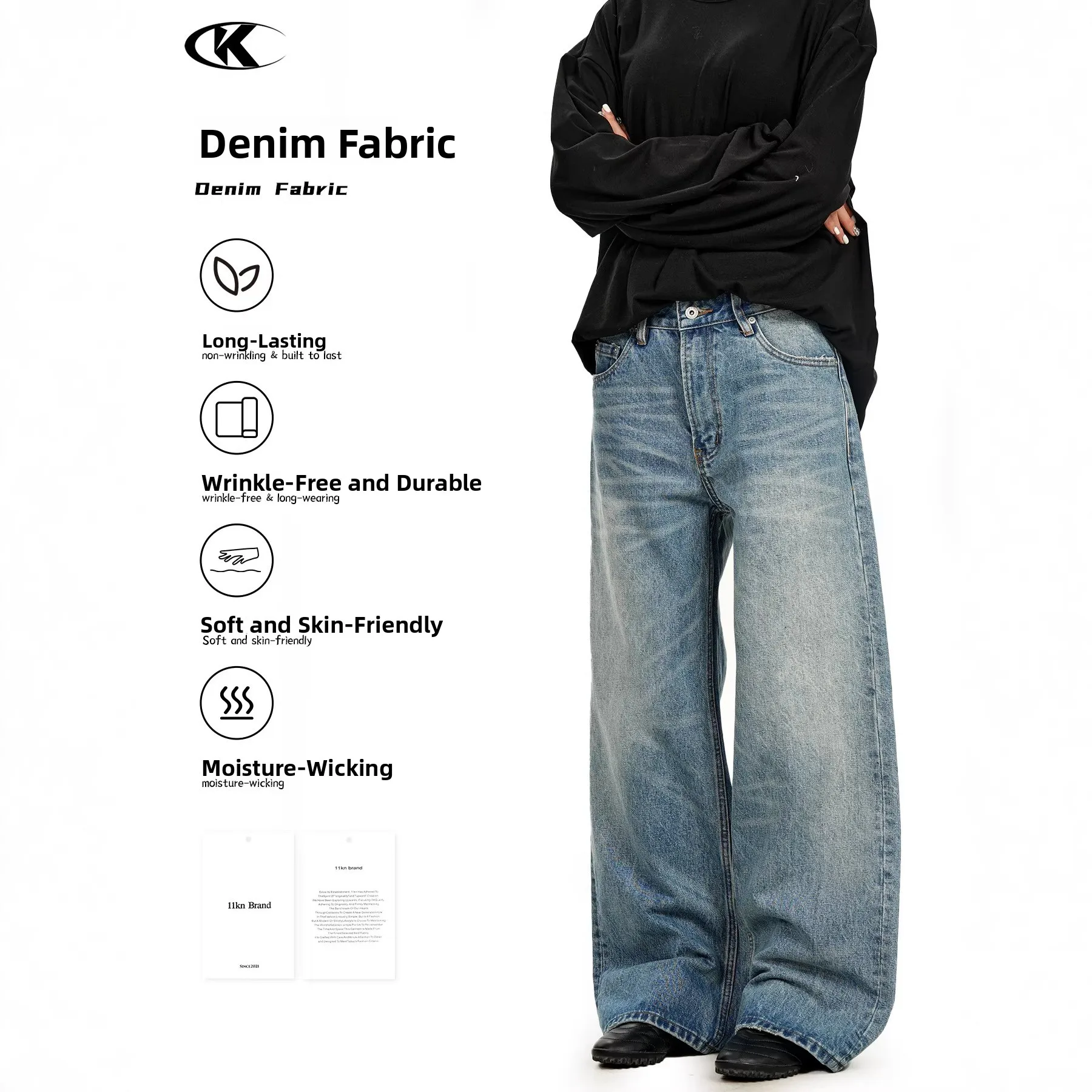 

American Retro Jeans Men Women Waed Blue Faded Straight Leg 3D Slimming Long Pants Casual Loose Straight Fit