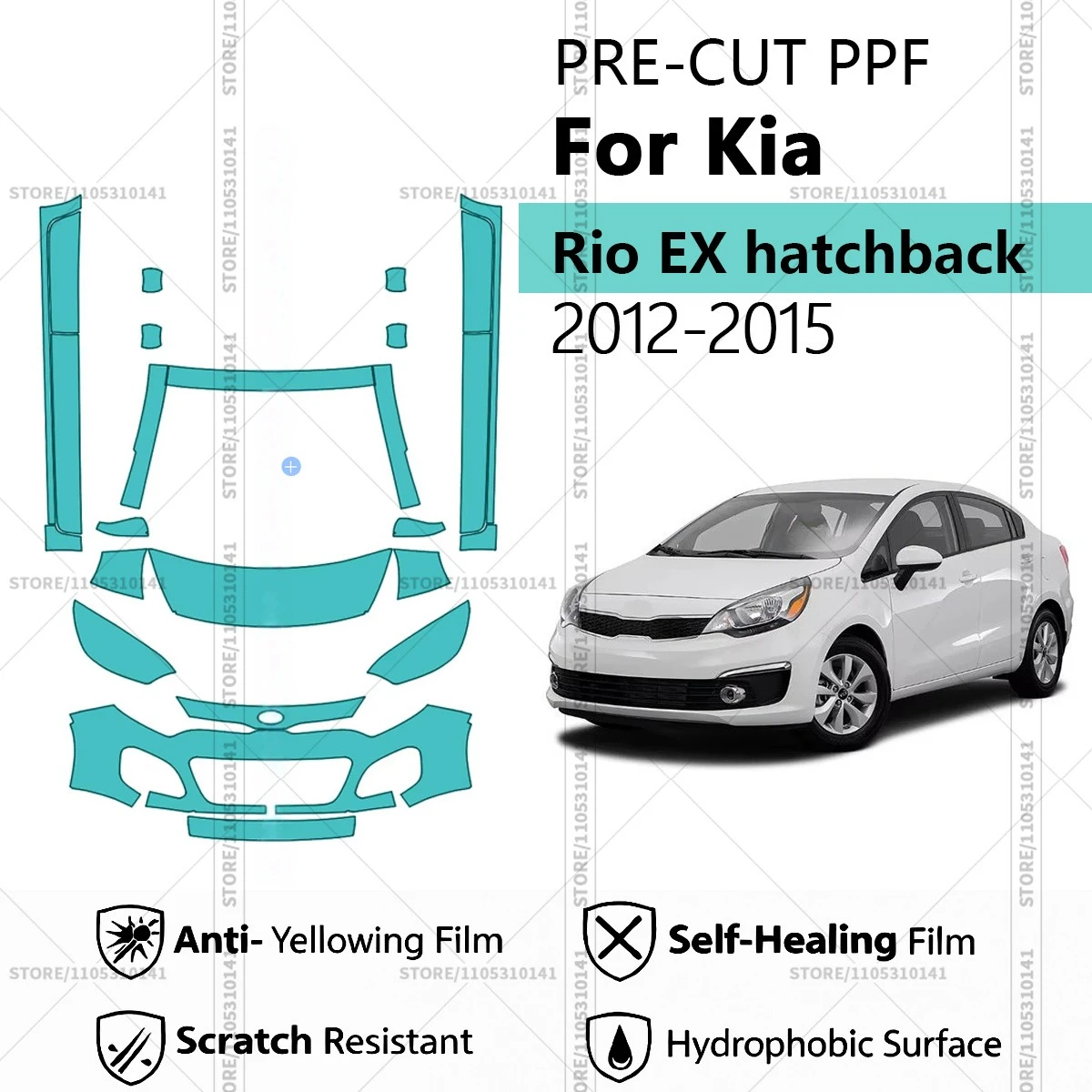 

Для Kia Rio EX хэтчбек 2012-2015: Предварительно вырезанная прозрачная защитная пленка (PPF) для автомобиля, комплект для передней части и порогов.