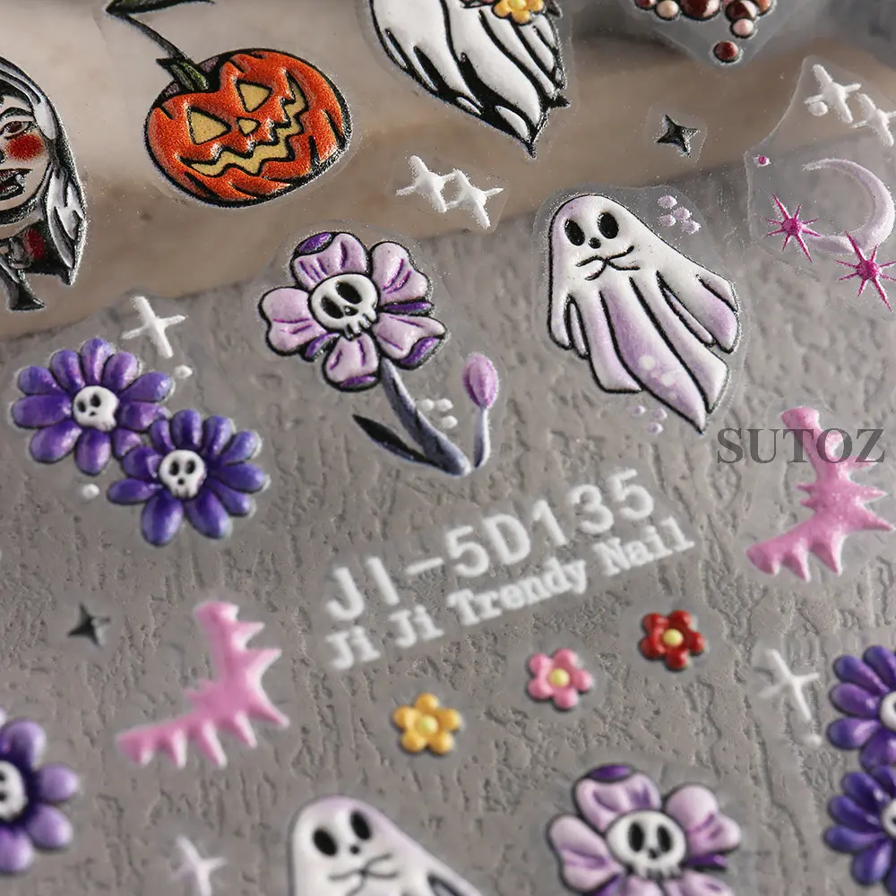 5D Witch Ghost Nail Stickers Cute Halloween Decoration Daisy Skull Sliders Pumpkin Spider Bat Charms Manicure Decals LEBJI-5D131