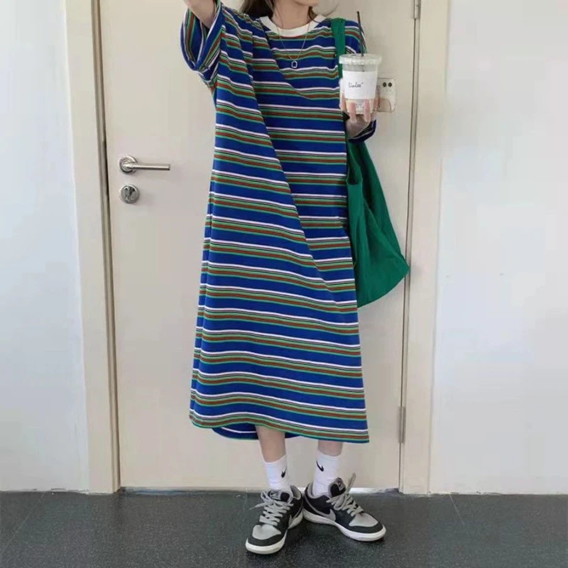 Short Sleeve Loose Contrast Striped Vintage T Shirt Dress Lazy Summer New All-match Casual Dresses Fashion Trend Women Clothing