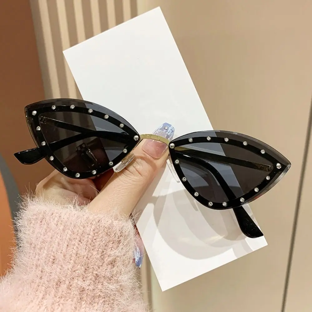 Gradient Cat Eye Sunglasses Multicolor New Stylish Rimless Shades UV400 Protection Eyewear with Rhinestones for Women & Men