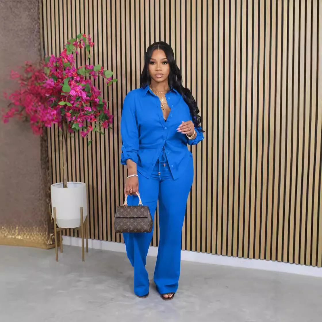 

Однотонный костюм с лацканами и пуговицами, однобортный, с длинным рукавом, модные прямые брюки Trajes De Mujer, элегантные осенние наряды для женщин