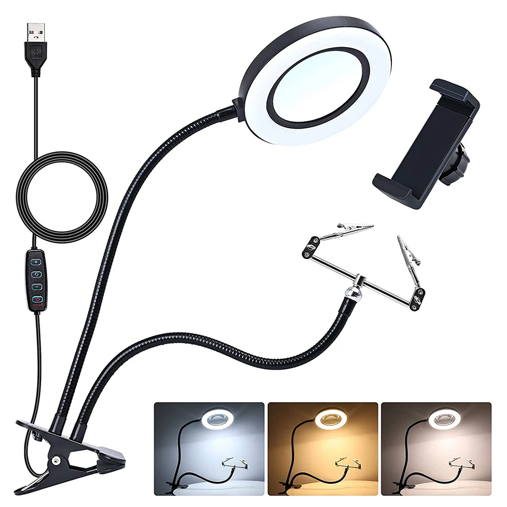 Flexible Clamp-on Table Lamp with 8x Magnifier Glass Swing Arm Dimmable Illuminated Magnifier LEDs Desk Light 3 Color Modes Lamp