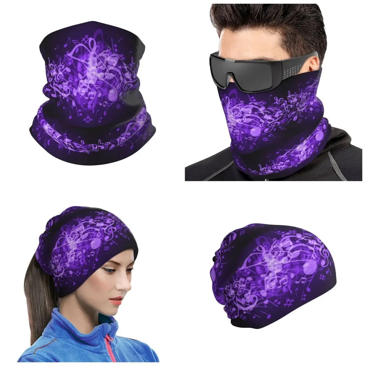 Purple Glow Music Notes Bandana Neck Gaiter Printed Face Scarf Riding Headband For Men Women Adult Breathable