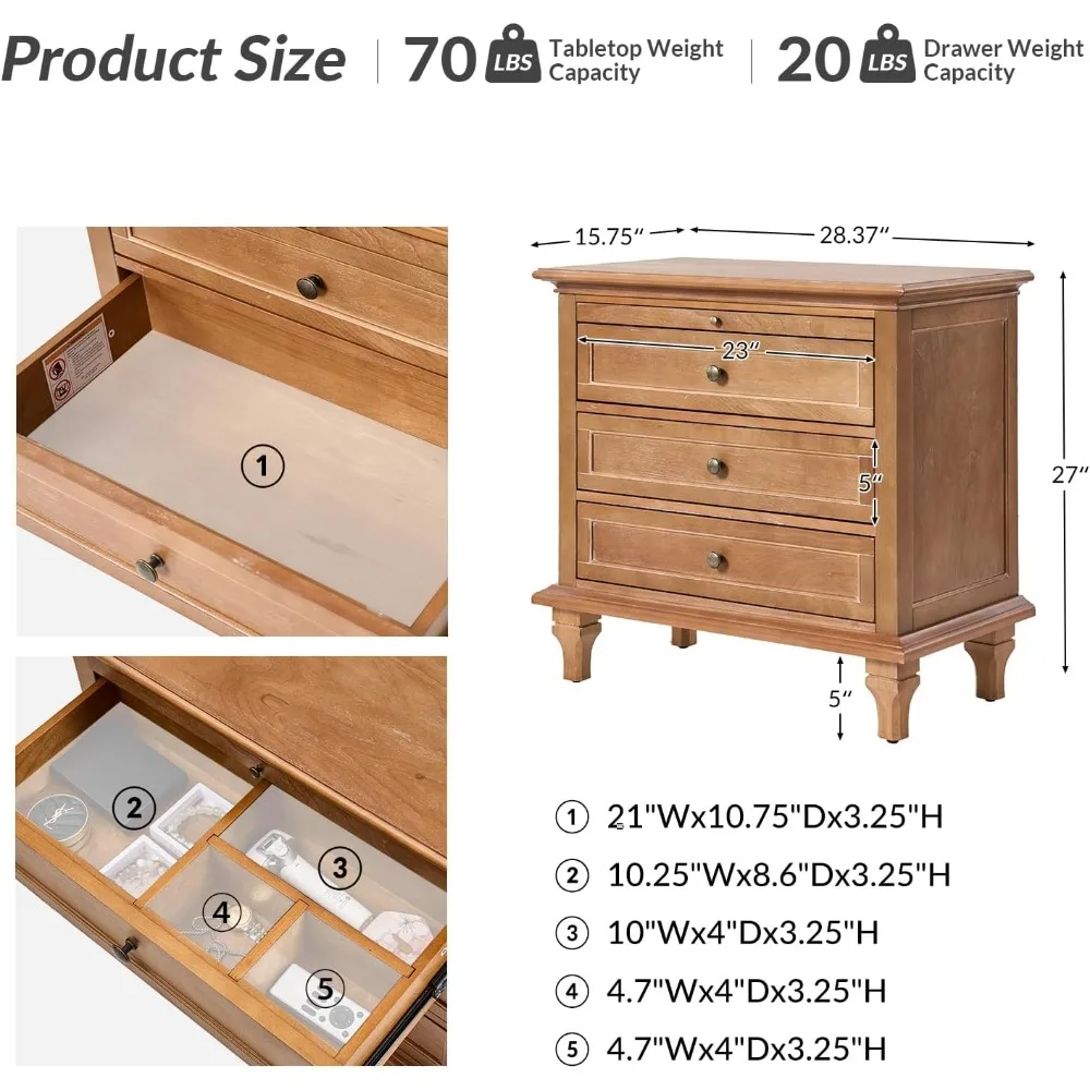 Farmhouse 3 Drawer Bedside Table with Charging Station, Drawer Organizer with Wooden Legs, Bedside Table with Pull-out Rack