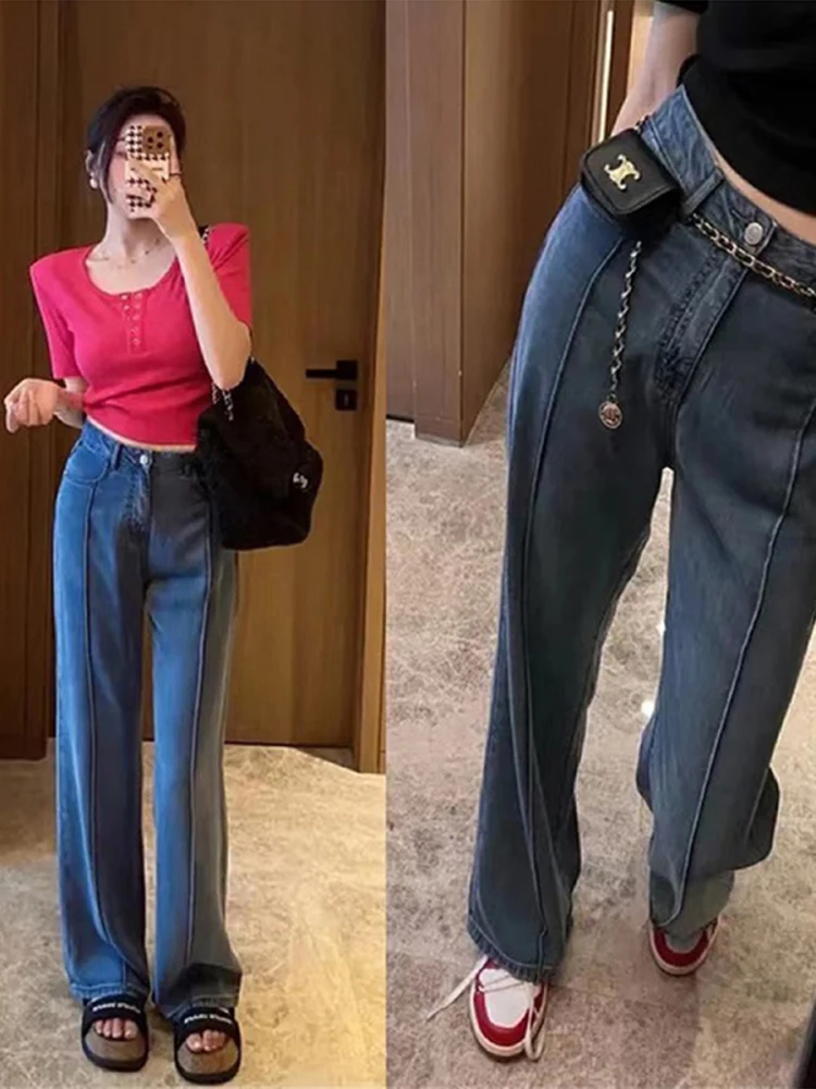 Jeans de Mezclilla Deados de Cintura Alta y Pierna Ancha para Mujer, Plones Rectos de Verano con Sensación Fresca, Ajus...