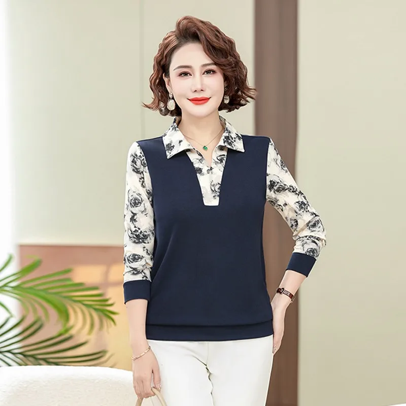 Spring Printed Patchwork Knitted Blouse Casual V-Neck Button Women's Clothing Long Sleeve Fashion Loose Solid Color Shirt