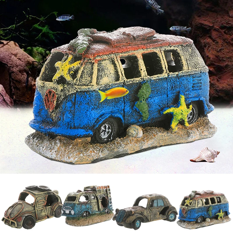 Resin Wreck Car Ornament Fish Shrimp Hiding Cave Shelter Broken Vehicle House Fish Tank Aquarium Landscaping Decorate Accessory