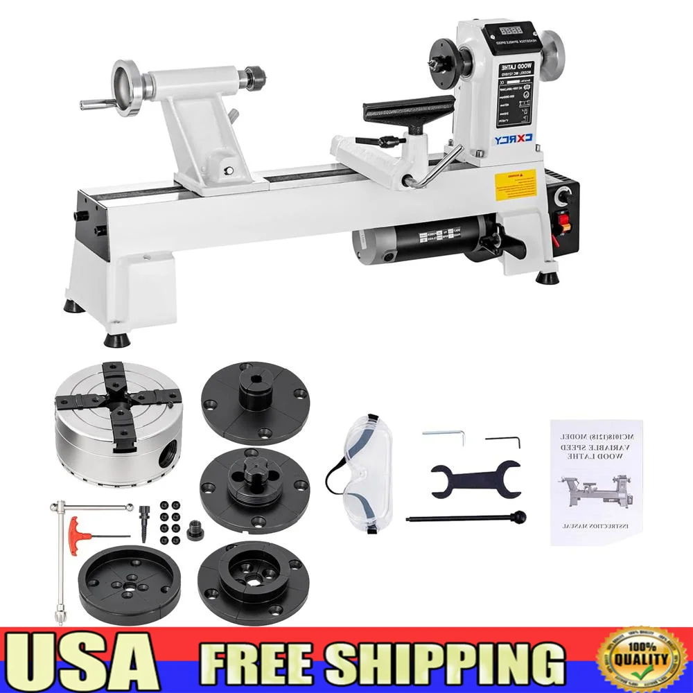 

Wood Lathe Machine & 4Inch Chuck Set Infinitely Controled Speed Levels Digital Display Safety Goggles Ideal Wooden Crafts Easy