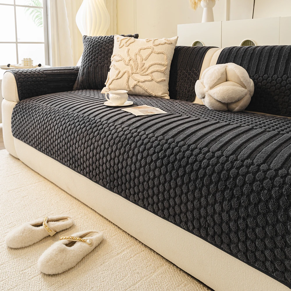 Thicken Warm Geometric Jacquard Fleece Anti-Slip Sofa Cover for Living Room Couch Seat Cover Warm Solid Tuffed Fleece Sofa Towel image 3