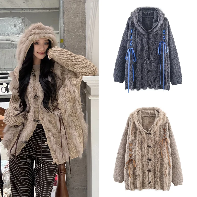 

Женское пальто, осень 2024, новый стиль, однотонная толстовка с длинными рукавами, вязаный кардиган с украшением из ленты, повседневная мода, универсальный