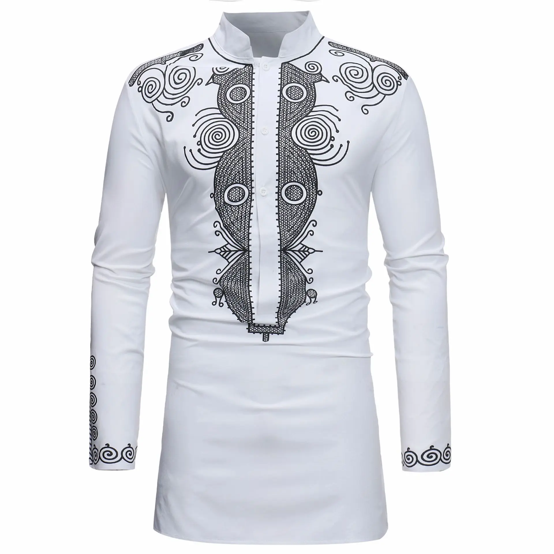 Men African Black Golden Dashiki Print Long Sleeves Button Shirt Stand High Collar Tribal Folk Tunic Shirt for Adult