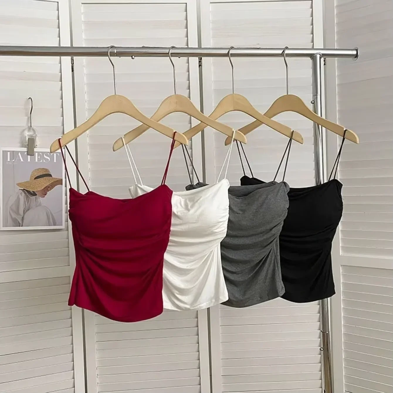 Women Spaghetti Strap Crop Top With Bra Sleeveless Waist Pleated Slim Fit Vest Y2K Sexy Tank Tops Soft Support Fixed Chest Pads