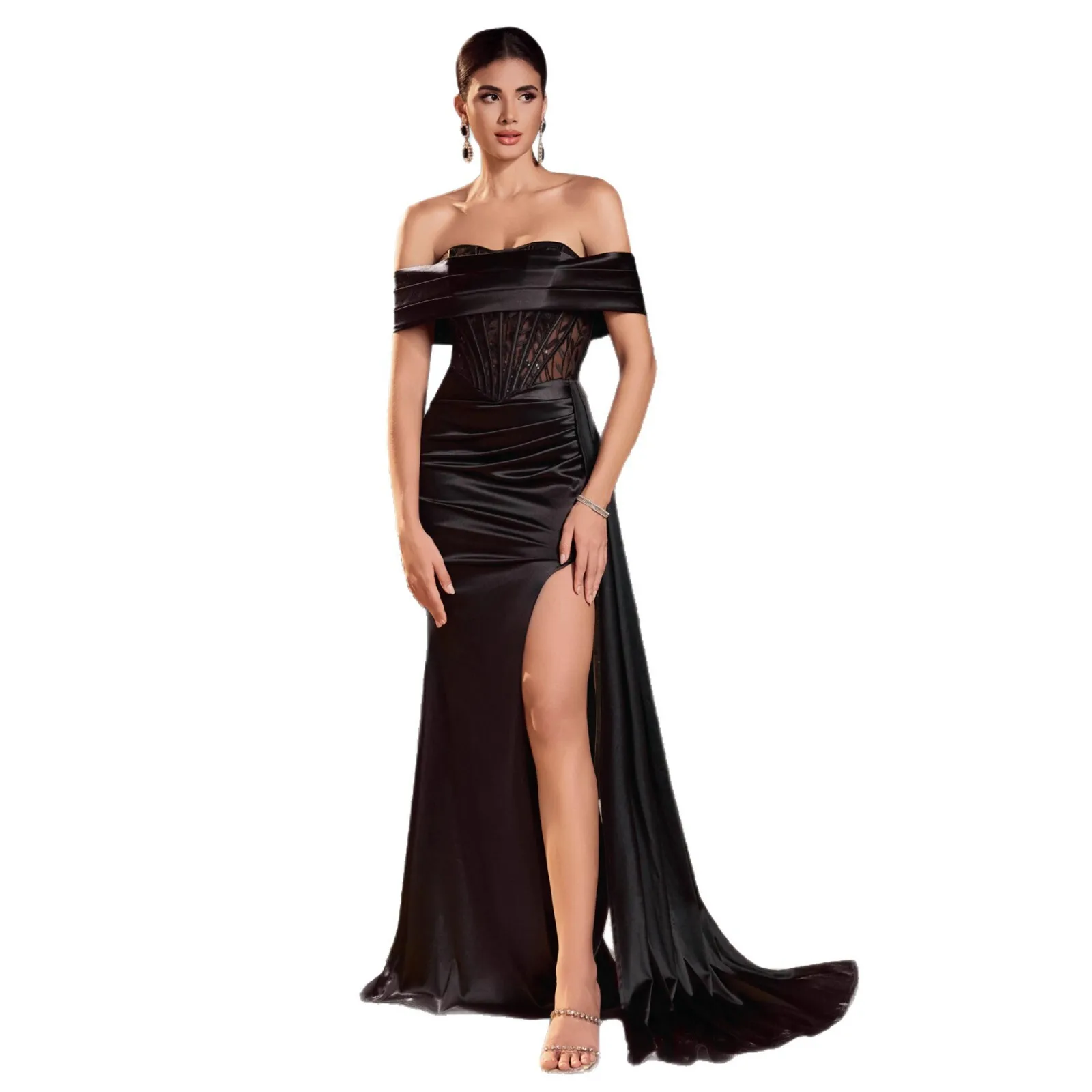 LEOSOXS Damska czarna satynowa suknia wieczorowa z odkrytymi ramionami, koronkowym gorsetem i wysokim rozcięciem, elegancka długa suknia formalna na przyjęcie