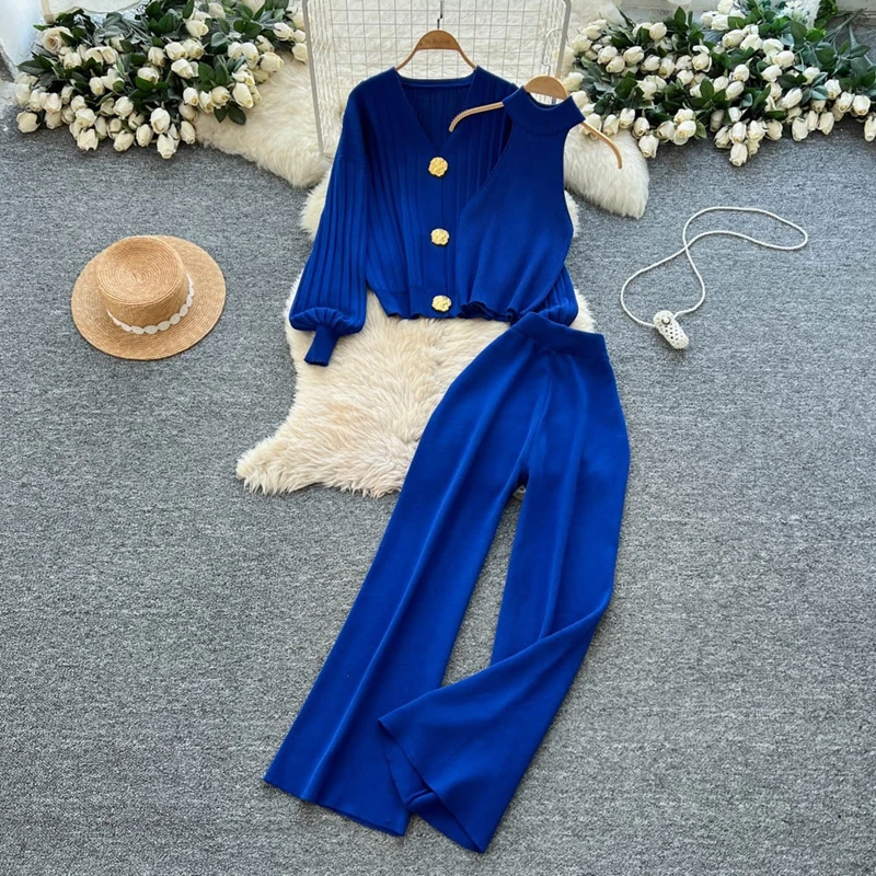 Picture 7: Advanced Knitted V-Neck Vest Cardigan Three Piece Set Women's Autumn Commuting Style Metal Button Slim Fit Set