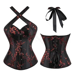 Corset Top Bustier Halter Straps Vintage Corsets for Women Embroidery Flower Corset Lace-up Burlesque Costume Sexy Lingerie Wome