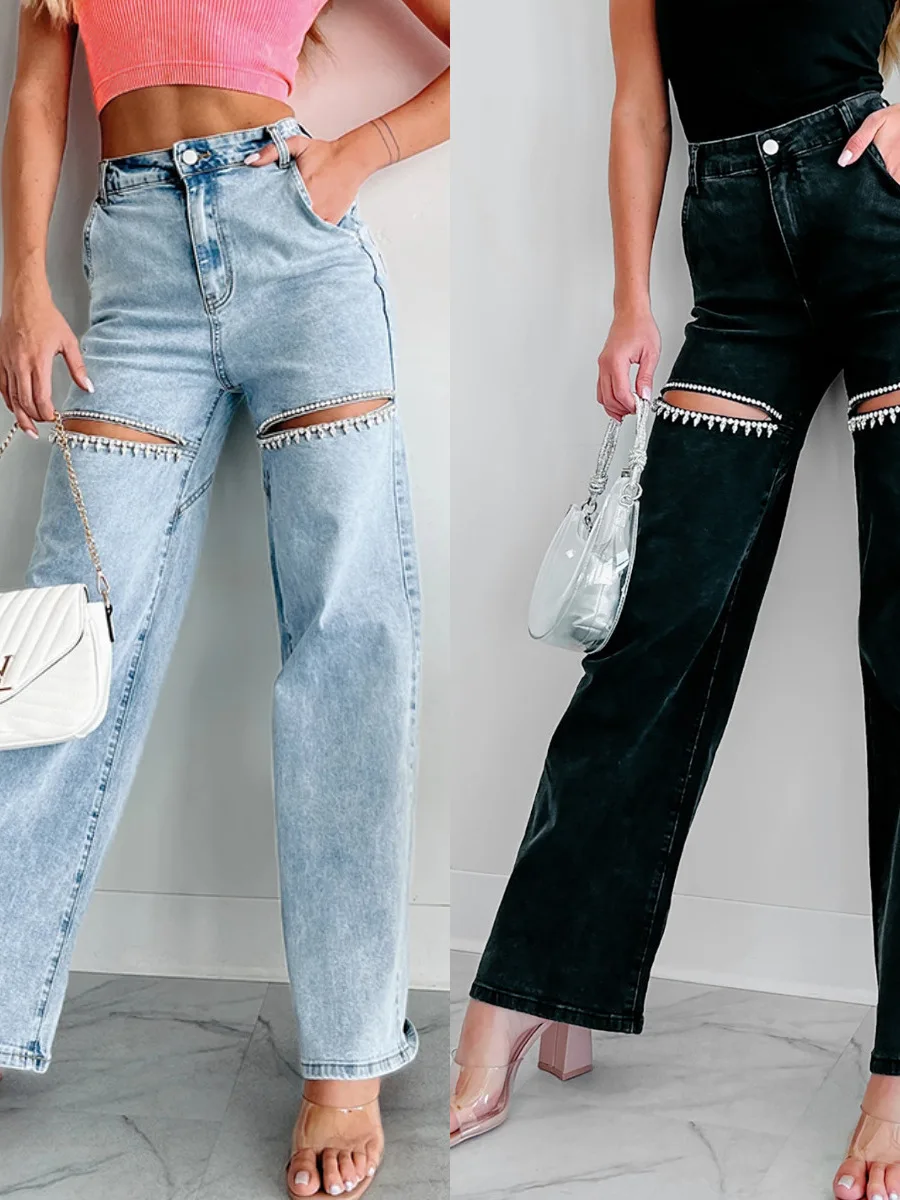 

Повседневные прямые джинсы с высокой талией, женские рваные джинсовые длинные брюки, свободный крой, обычные, тонкие, глубокие цвета, осенний сезон