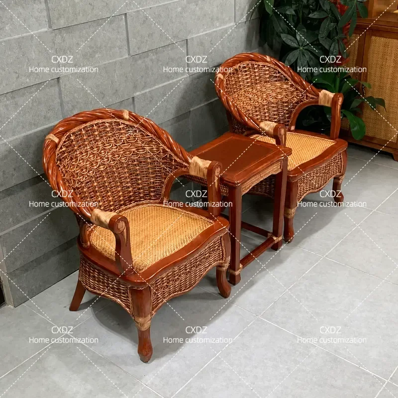 Natural Rattan Chair Set 3 Piece Balcony Backrest Comfortable Household Leisure Tea Table Chair Combination Guangdong Foshan