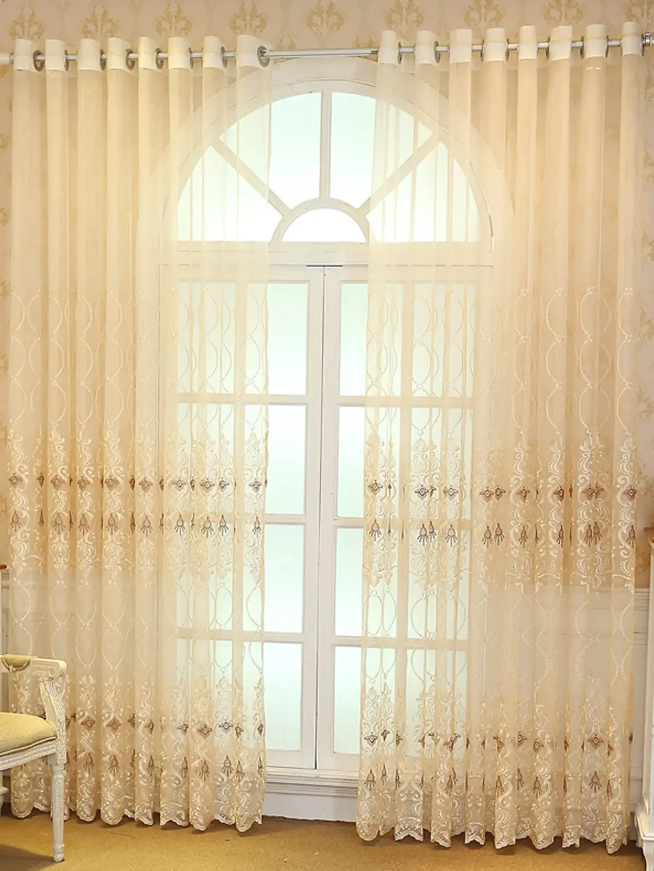 Beige Bedroom Living Room Dining Room Balcony Partition Gauze 1PC European Style Embroidered Gauze Transparent Curtains