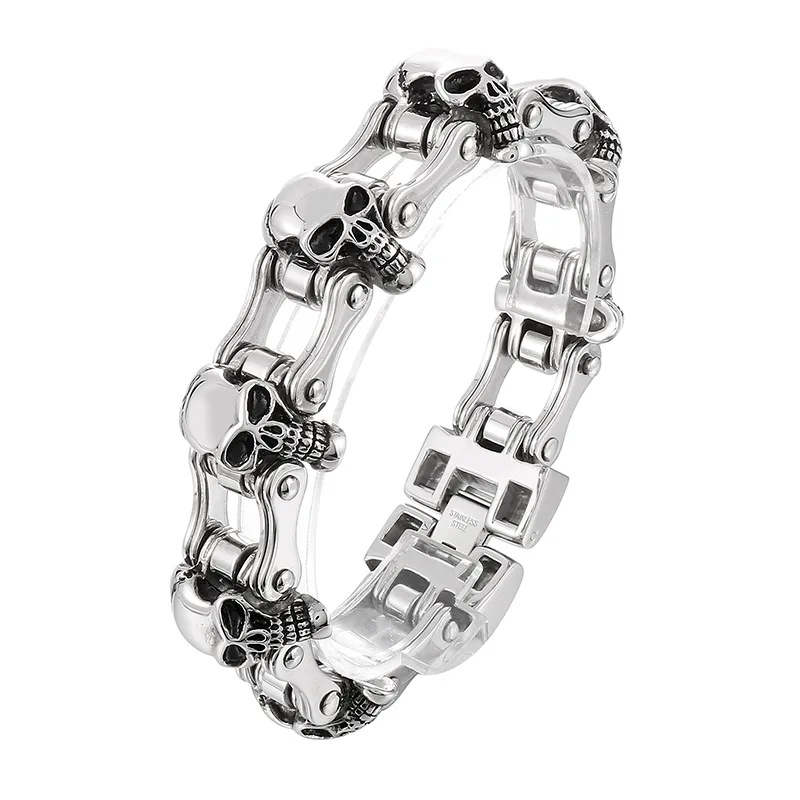 23mm wide Big Heavy Punk Rock Stainless Steel Bicycle Motorcycle Chain Link Skull Bracelet for Men Retro Jewelry Never Fade Gift