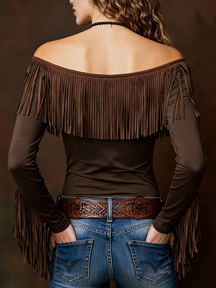 New Retro Off-Shoulder Tassel Solid Top Brown Strapless Elegant Women T-Shirt Party Versatile Inner Layer Fashion Item Clothing