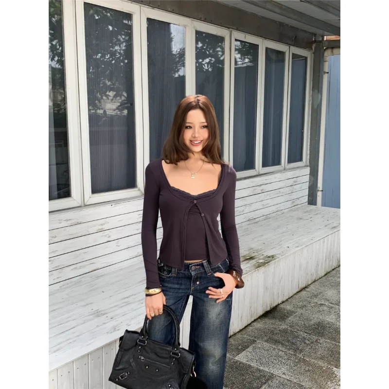 Long Sleeve Lace Slim Fit Women's T-shirt Pure Desire Sexy Base Shirt Versatile Top Casual Style Polyester Fiber Spring Wear