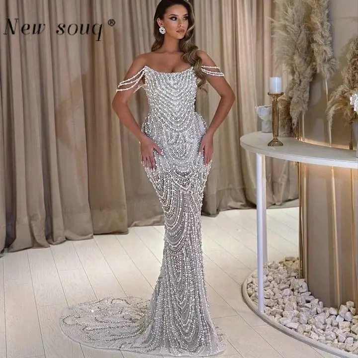 Ivory Heavy Pearls Beading Long Strapless Mermaid Evening Dresses 2024 Women\'s Luxury Dance Gowns for Wedding Party Custom Made