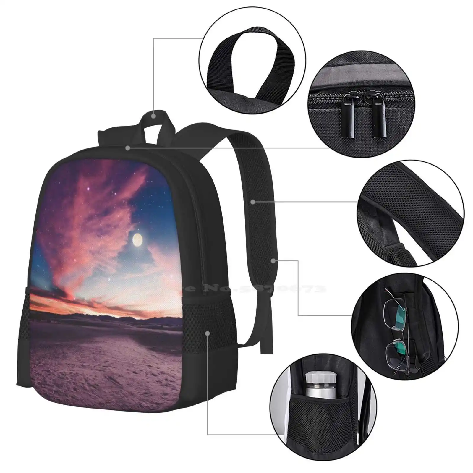 Moon Gazing Hot Sale Schoolbag Backpack Fashion Bags Sunset New Mexico Desert Landscape Nature Pink Purple Sand Dunes Blue image 4