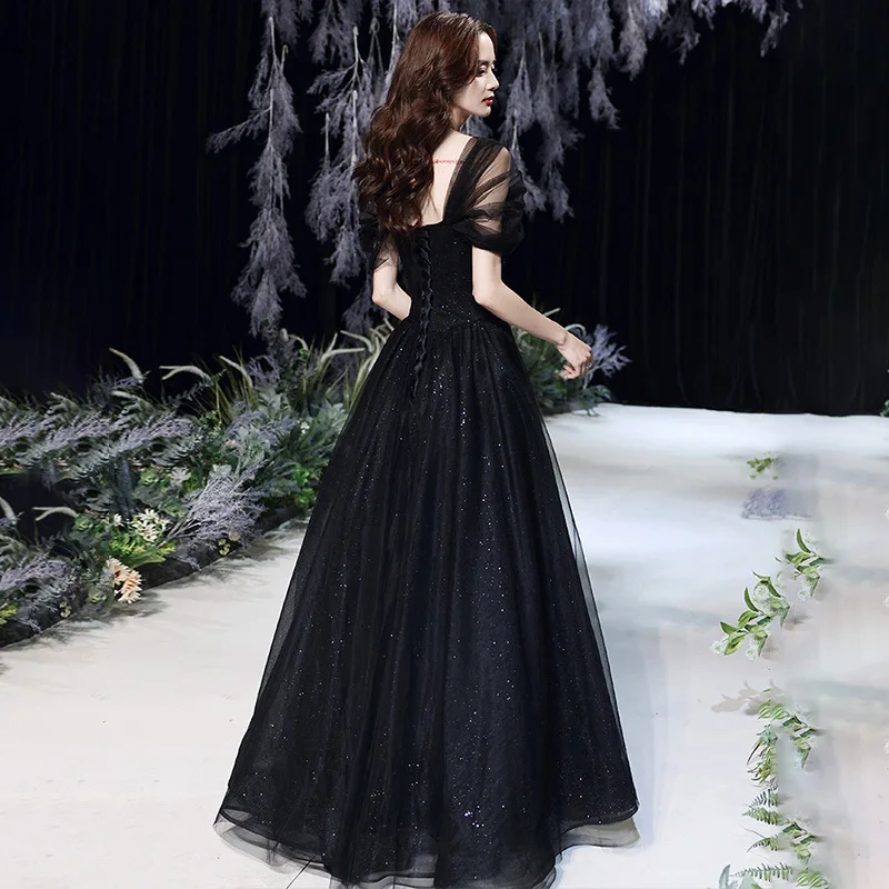 Vestido de noite preto 2025 novo feminino voz música arte exame primavera/verão reunião anual desempenho vestido