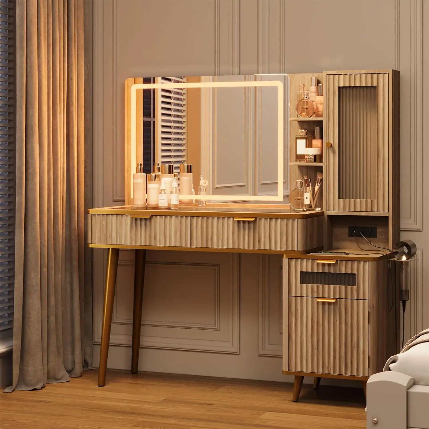 

Fluted Makeup Vanity Desk with Mirror and Lighits, 48" Modern Glass Top Vanity Table, Vanity Mirror with Adjustable Brightness