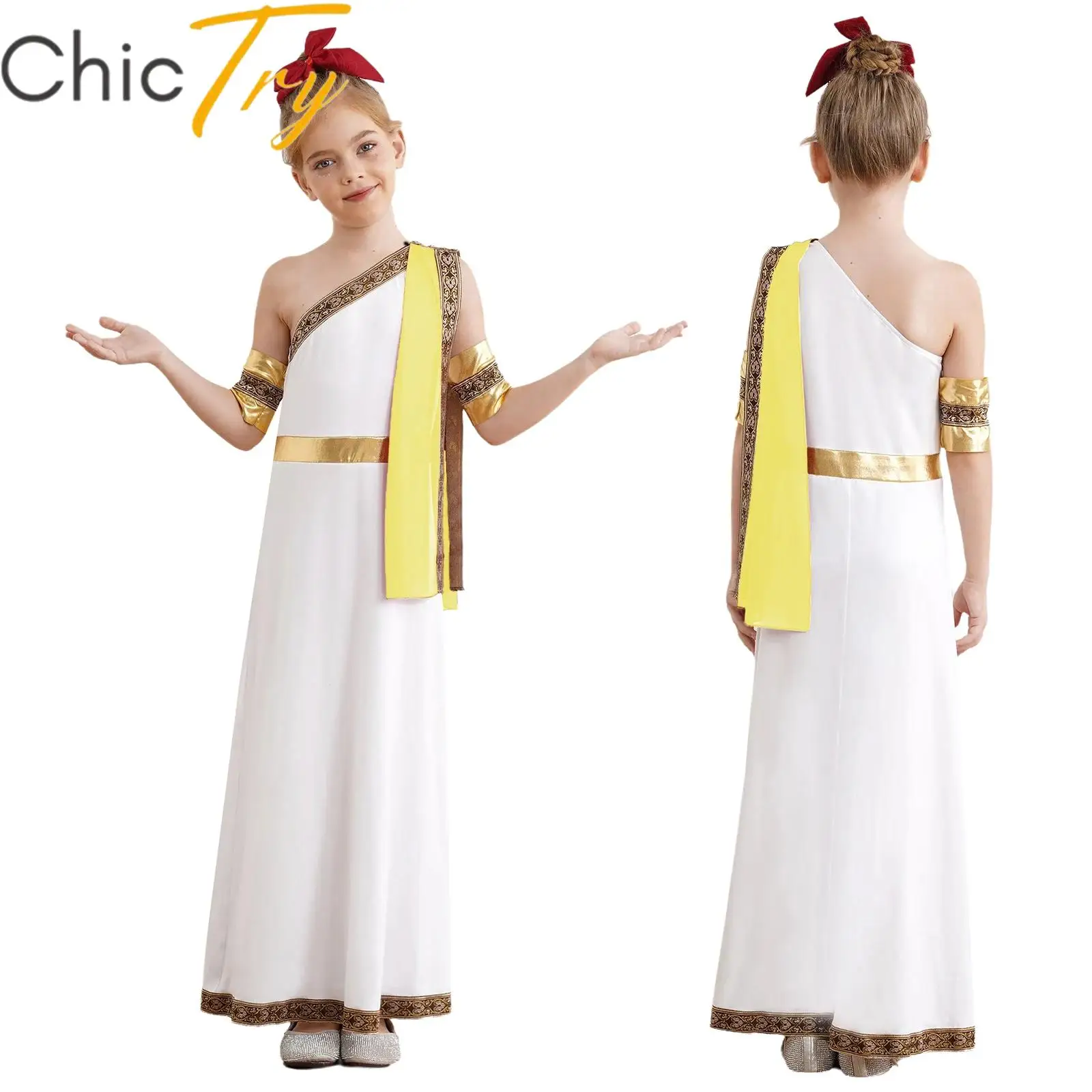 

Kids Boys Girls Halloween Ancient Greek Toga Classic Roman Cosplay Party Costume One Shoulder Robe with Cuffs Carnival Dress Up