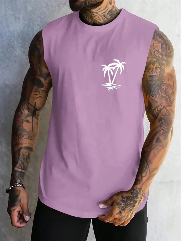 Summer Casual Style Men's Vest Coconut Tree Logo Solid Color Sleeveless Fitness Top Men's Fashion Outdoor Fitness Vest Clothing image 3