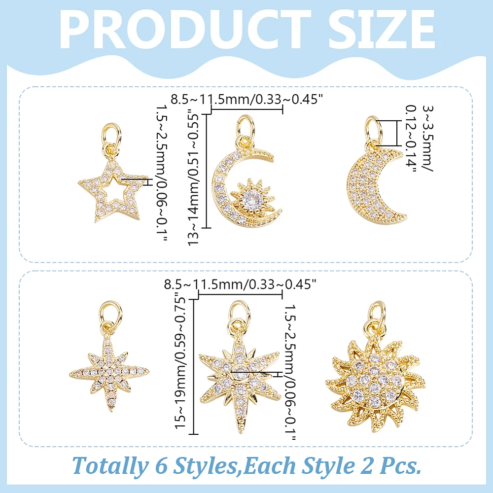 Brass 18k Gold Plated Charms Brass Pave Cubic Zirconia Charms Real 18k Gold Plated Charm Assorted Sun Star Moon Charm
