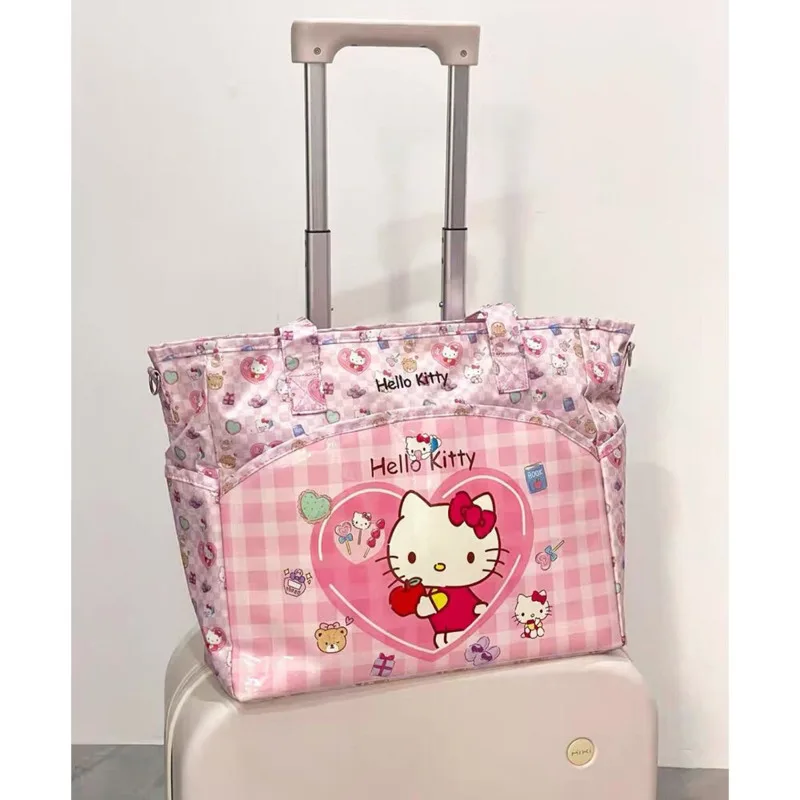 Sanrio Hello Kitty Y2k Pink Tote Bags Large Capacity PU Leather Travel Bags Kawaii Cartoon Printed Shoulder Bags For Women