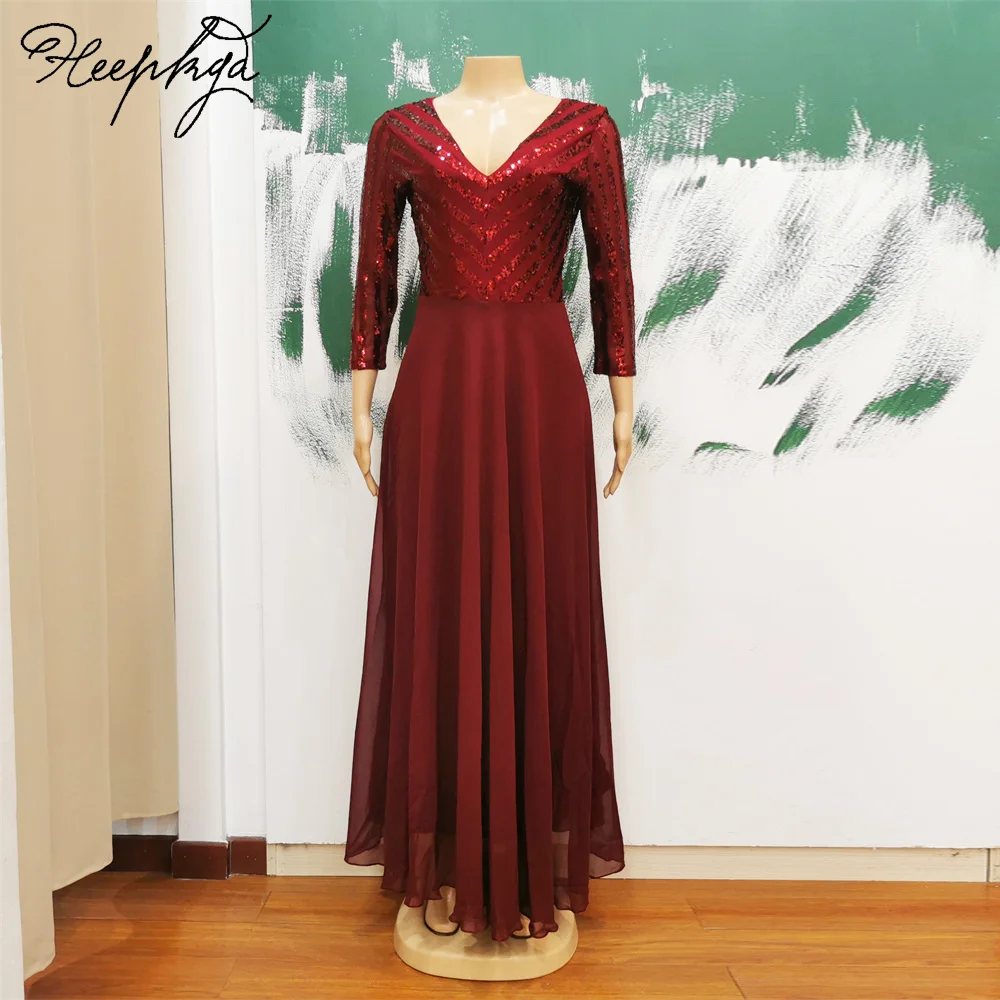 

2024 Burgundy Long Formal Evening Dress 3/4 Sleeves A Line Shiny Sequin Chiffon Women Prom Wedding Party Gowns Wholesale