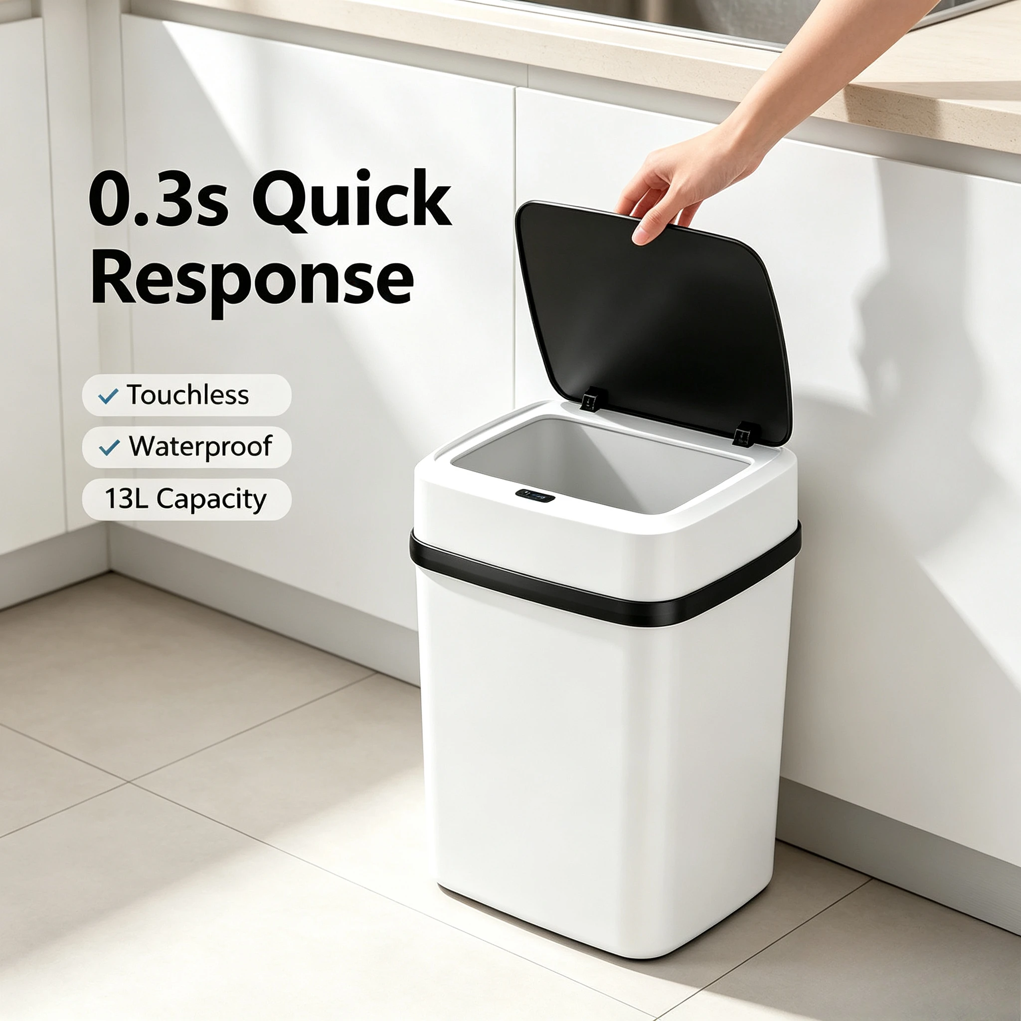 Smart Automatic Sensor Trash Can 13L Touch‑less Waterproof Garbage Bin 0.3s Fast Response For Kitchen Bathroom Household