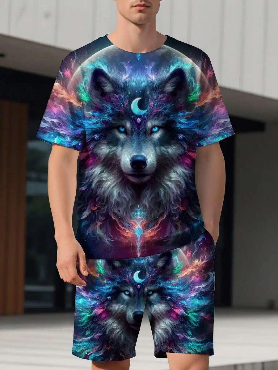 

Wolf Galaxy Print Mens 3D Full Print T-Shirt And Shorts Set Casual Streetwear Summer Outfit