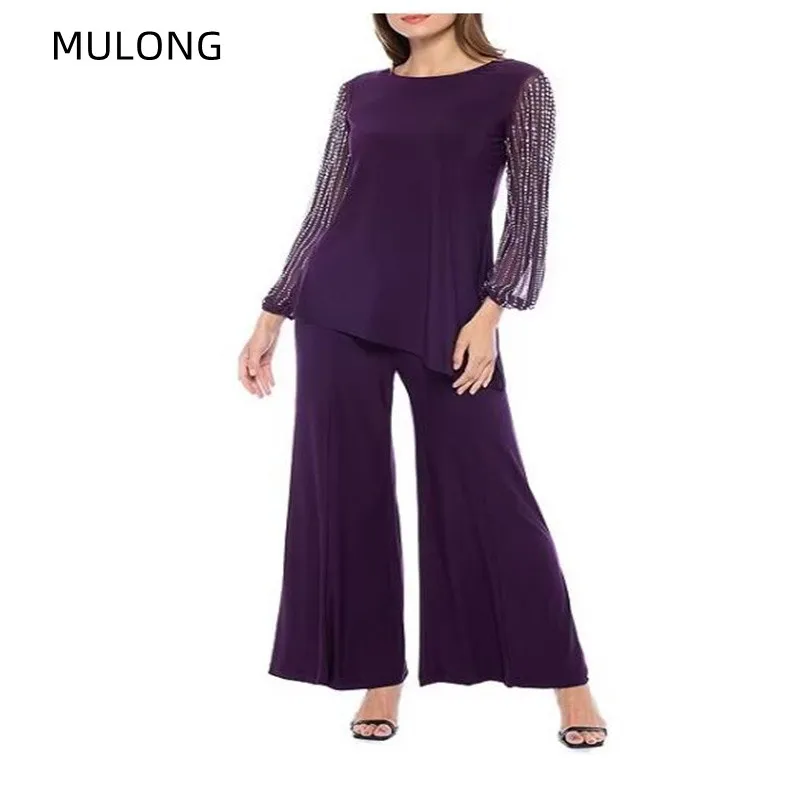 MULONG Chiffon Long Sleeve Beading Evening Dress For Mother Of The Bride O Neck Floor Length 3 Piece Mother Wedding Pants Suit