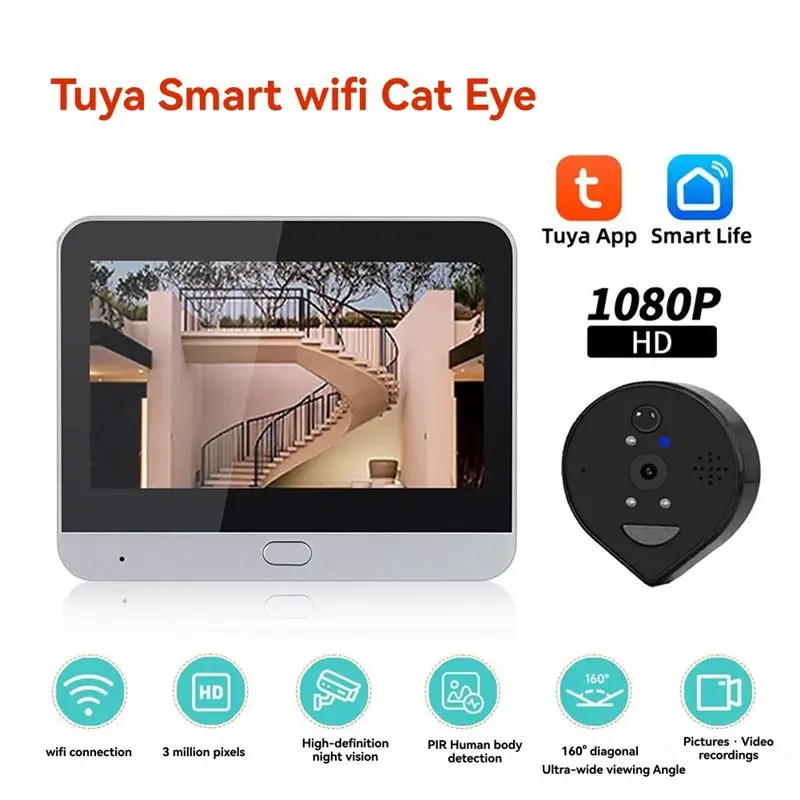 【HOME TOOL】Smart Wifi 3MP Peephole Doorbell With 4.3-Inch Screen Tuya Door Camera PIR Motion Detection Video Recording