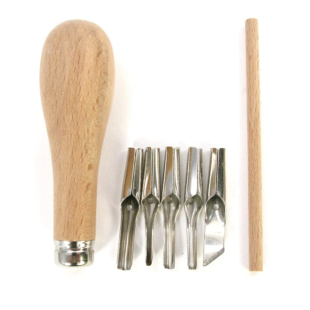 Lino Block Cutting Rubber Stamp Carving Tools with 5 Blade Wood Handle Printmaking Carving Tools Set