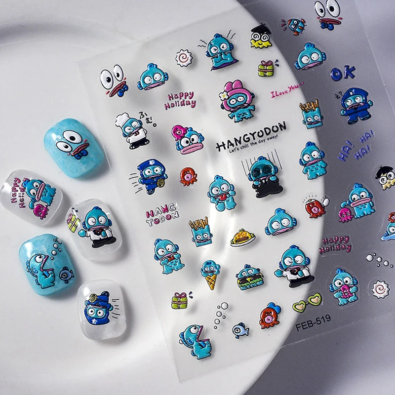 Kawaii Hot Sale 5D Nail Art Stickers Hangyodon Hello Kitty Kuromi Cinnamoroll 1Pc Three-Dimensional Manicure Nails Decals Gifts