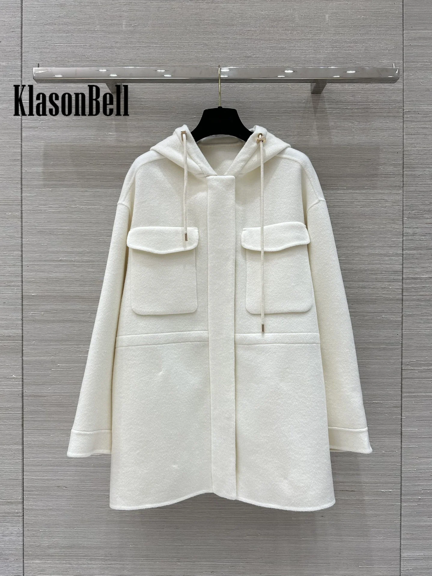 10.12 KlasonBell Women Clothes Vintage Fashion Hooded Drawstring Collect Waist Design Pocket Double-Sided Wool Coat