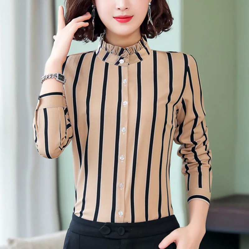 Elegant Lapel Button All-match Striped Shirt Women's Clothing 2023 Autumn New Oversized Casual Tops Loose Office Lady Blouse