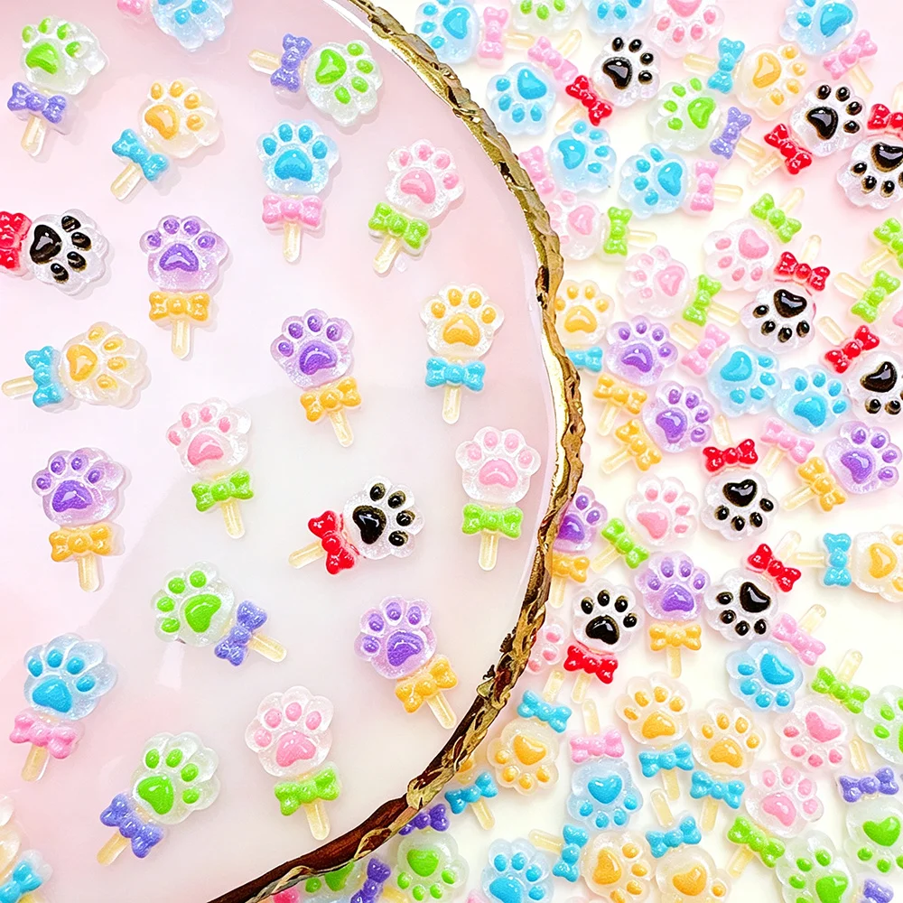 50Pcs\Mixed\Macaron\Glitter\Cat\Paw\Nail\Charms\7*12mm\Kawaii\Resin\Cat's\Paw\Nail\Art\With\Bow\Tiny\Paw\Y2K\Manicure\Accessorie