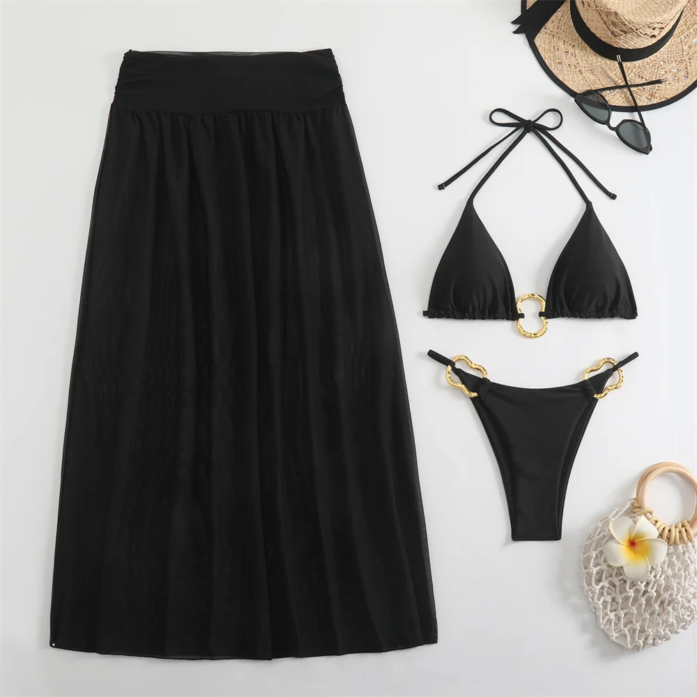 

Сексуальный купальник с декором в виде колец, бикини на шнурке, однотонное тюлевое длинное платье, женский купальник с открытой спиной для отпуска, накидка на пляжный наряд