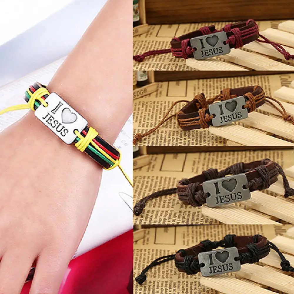 Unisex Women Bracelet I LOVE JESUS Faux Leather Bangle Hemp Rope Chain Cross Adjustable Bracelet