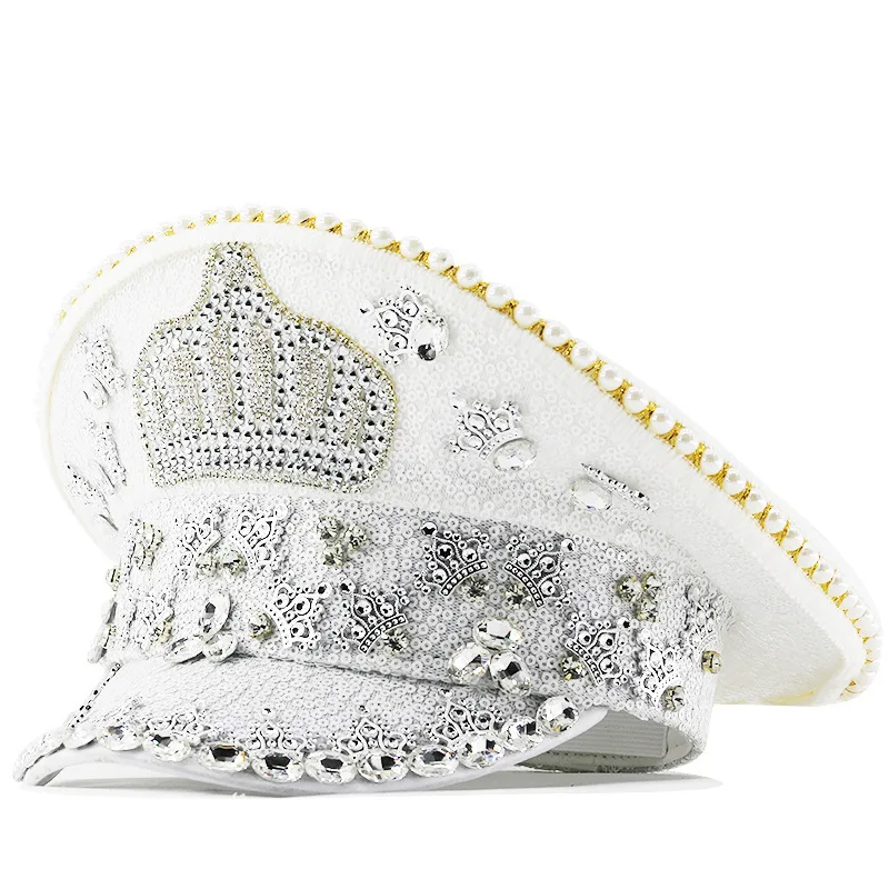 シルバーラインストーンパフォーマンス、ホットスタンピング、多用途、ダイヤモンドスタッズ、白海ミリタリーハットパーティー、カーニバル、誕生日、