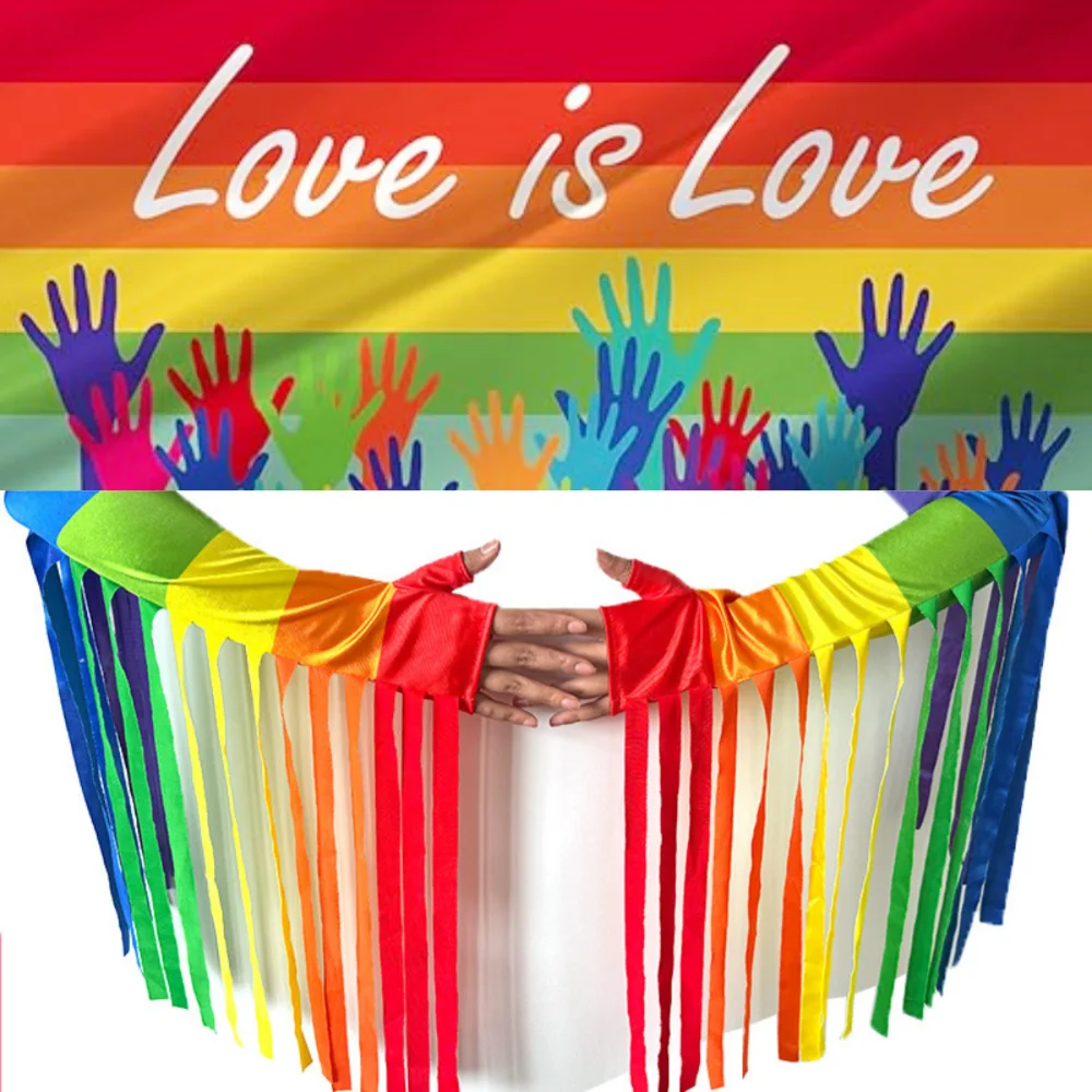 لينة تمتد قوس قزح قفازات طويلة هامش زي قوس قزح شرابة قفازات موضة موكب القفازات الملونة الطرف